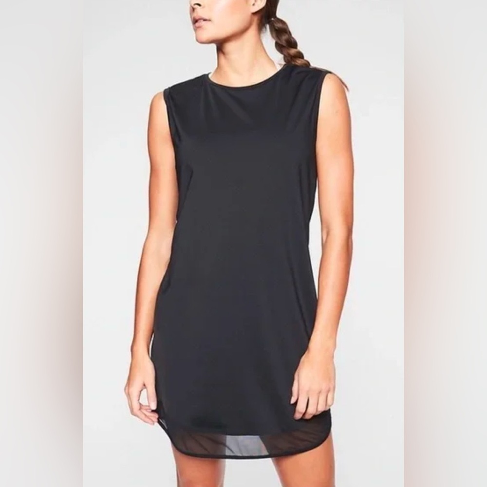 Athleta Sunlover UPF 50+ Solana Black Sleeveless Mesh Hem Dress 420736 EUC Sz S